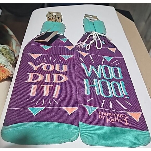 One "You Did It" "Woo Hoo!" Congratulations Wine Bottle Cover Sock Gift Bag - Picture 2 of 5
